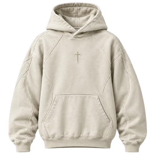 Front of the cream VELOX hoodie with a small embroidered cross