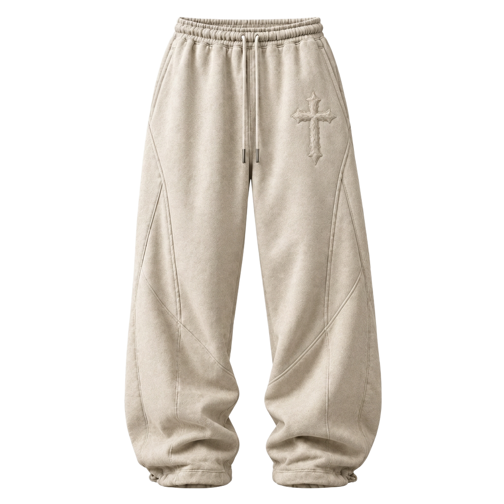 Front of the beige VELOX sweatpants with an embroidered cross on the thigh and a drawstring waist